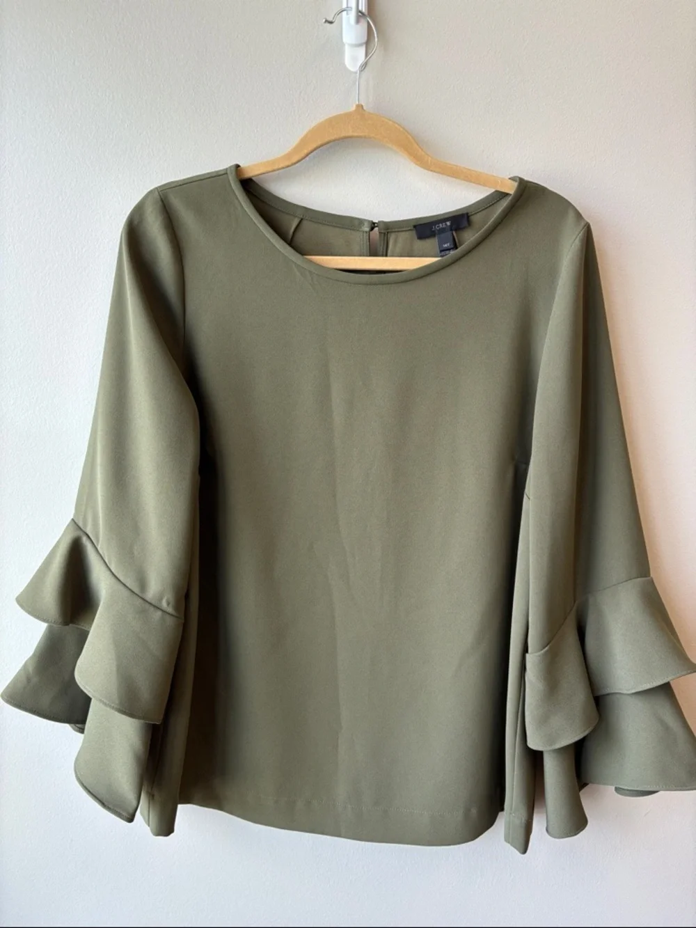 J. Crew Olive Tiered Ruffle Sleeve Blouse